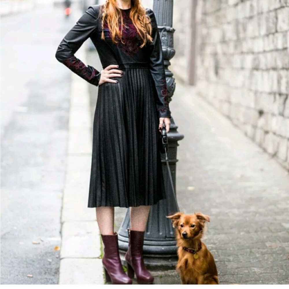 Navy Blue leather Dress with Red Embroidery
